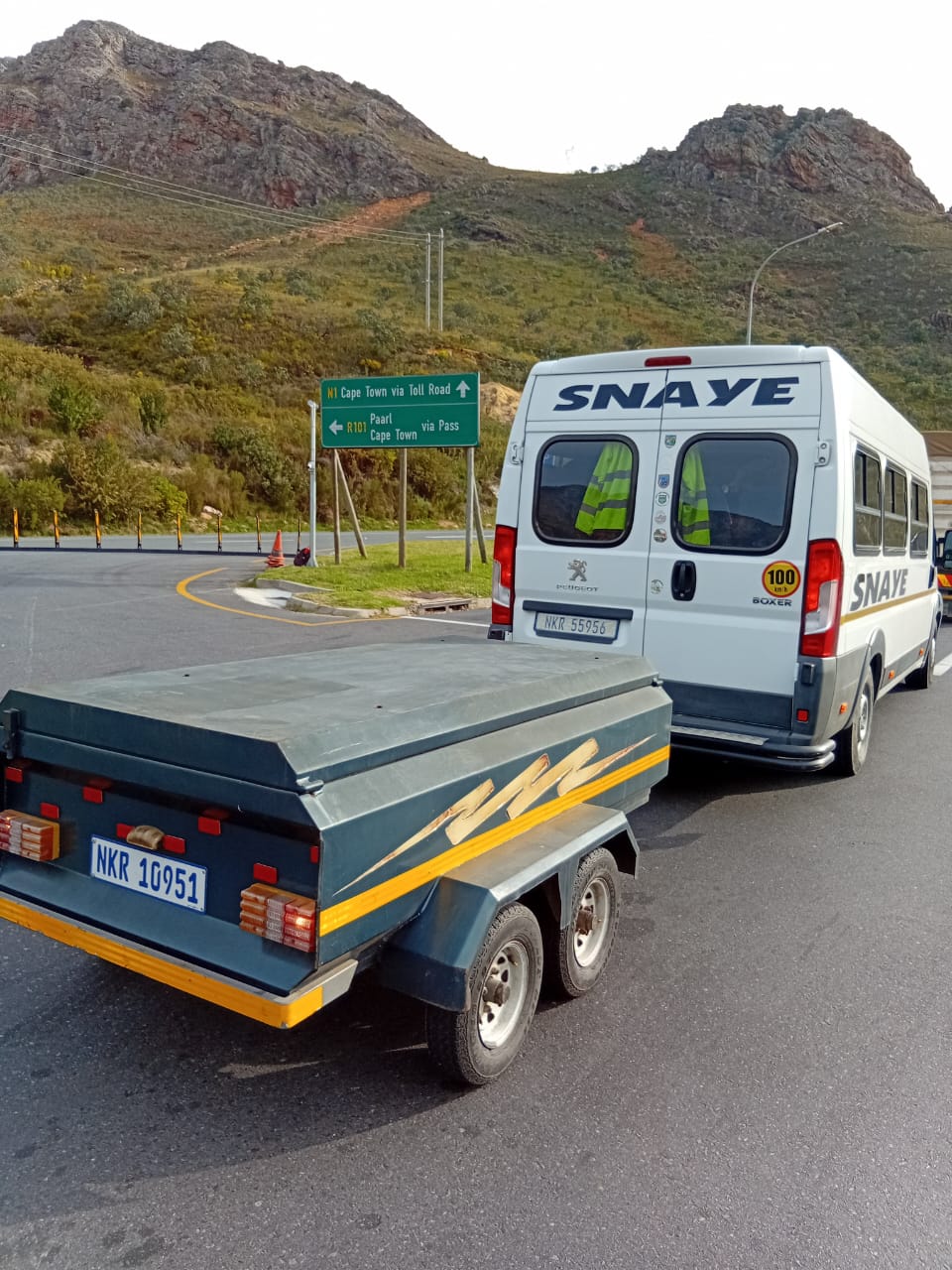 Snaye van with trailer near Cape Town via Paarl pass sign